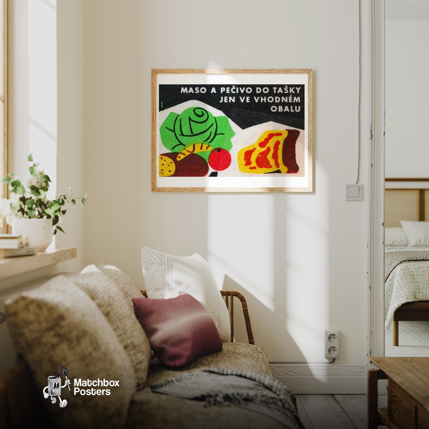 Cabbage and Meat - vintage matchbox label print - living room mockup