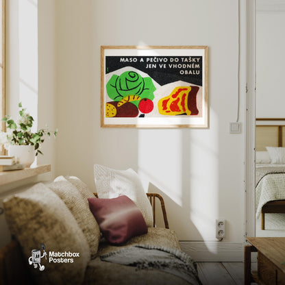 Cabbage and Meat - vintage matchbox label print - living room mockup