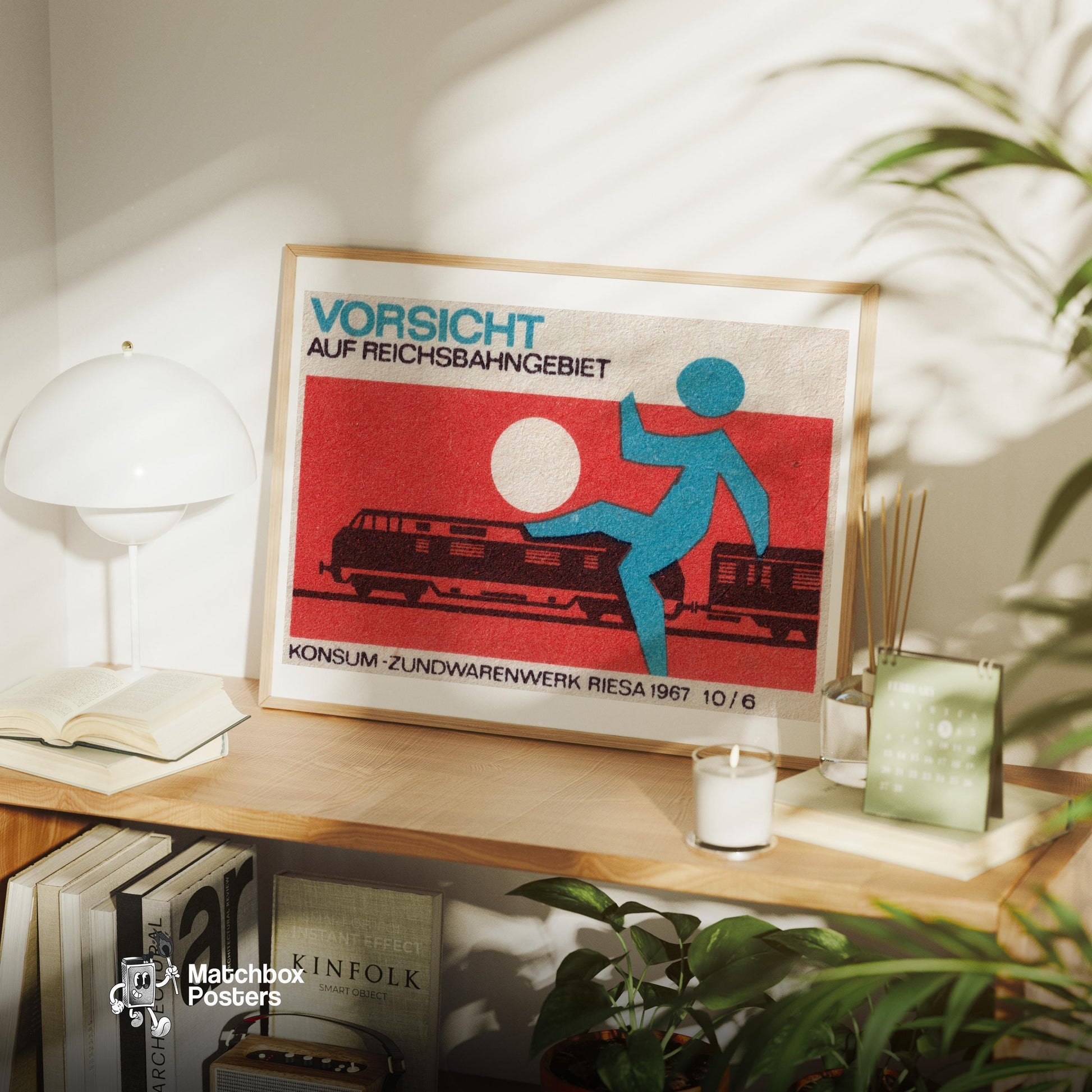 Train with Warning Figure - vintage matchbox label print - office wall