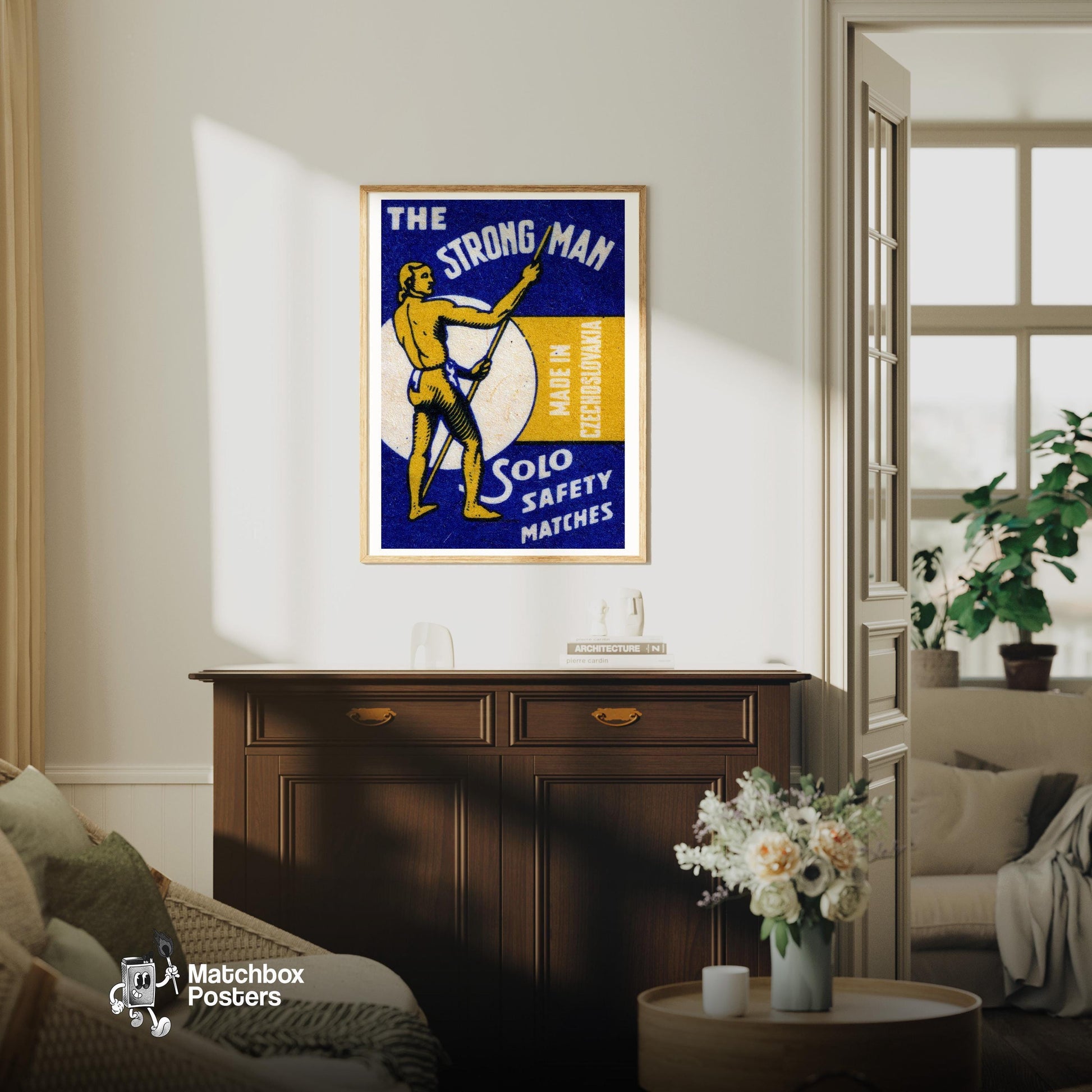 The Strong Man - vintage matchbox label print - living room mockup