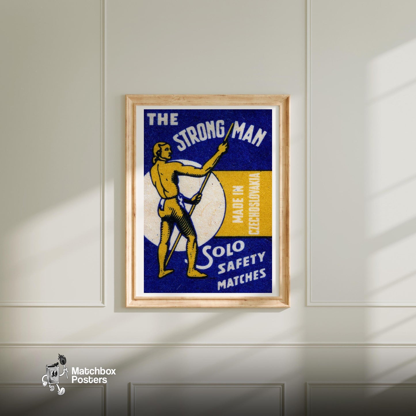 The Strong Man - vintage matchbox label print - bedroom mockup