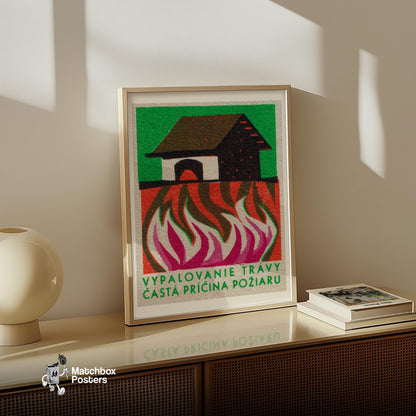 Burning Building - vintage matchbox label print - size comparison