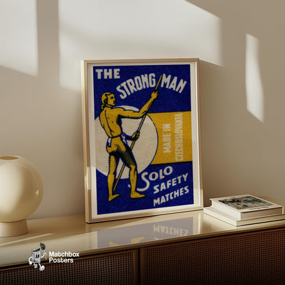 The Strong Man - vintage matchbox label print - size comparison