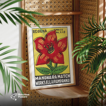 Red Flower - vintage matchbox label print - office wall