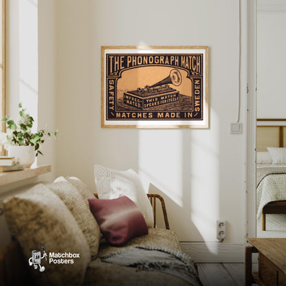 Phonograph - vintage matchbox label print - living room mockup