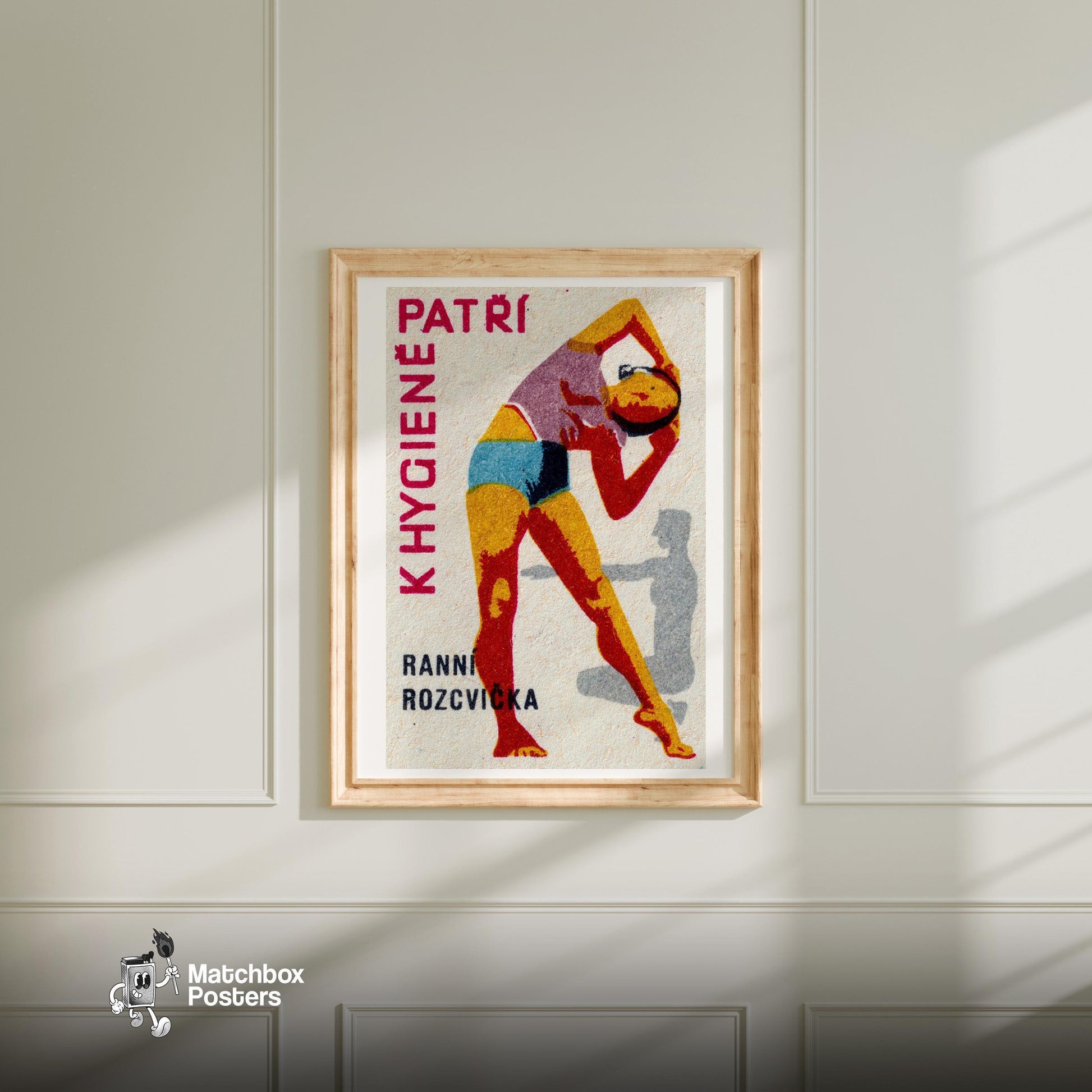 Woman Stretching - vintage matchbox label print - bedroom mockup