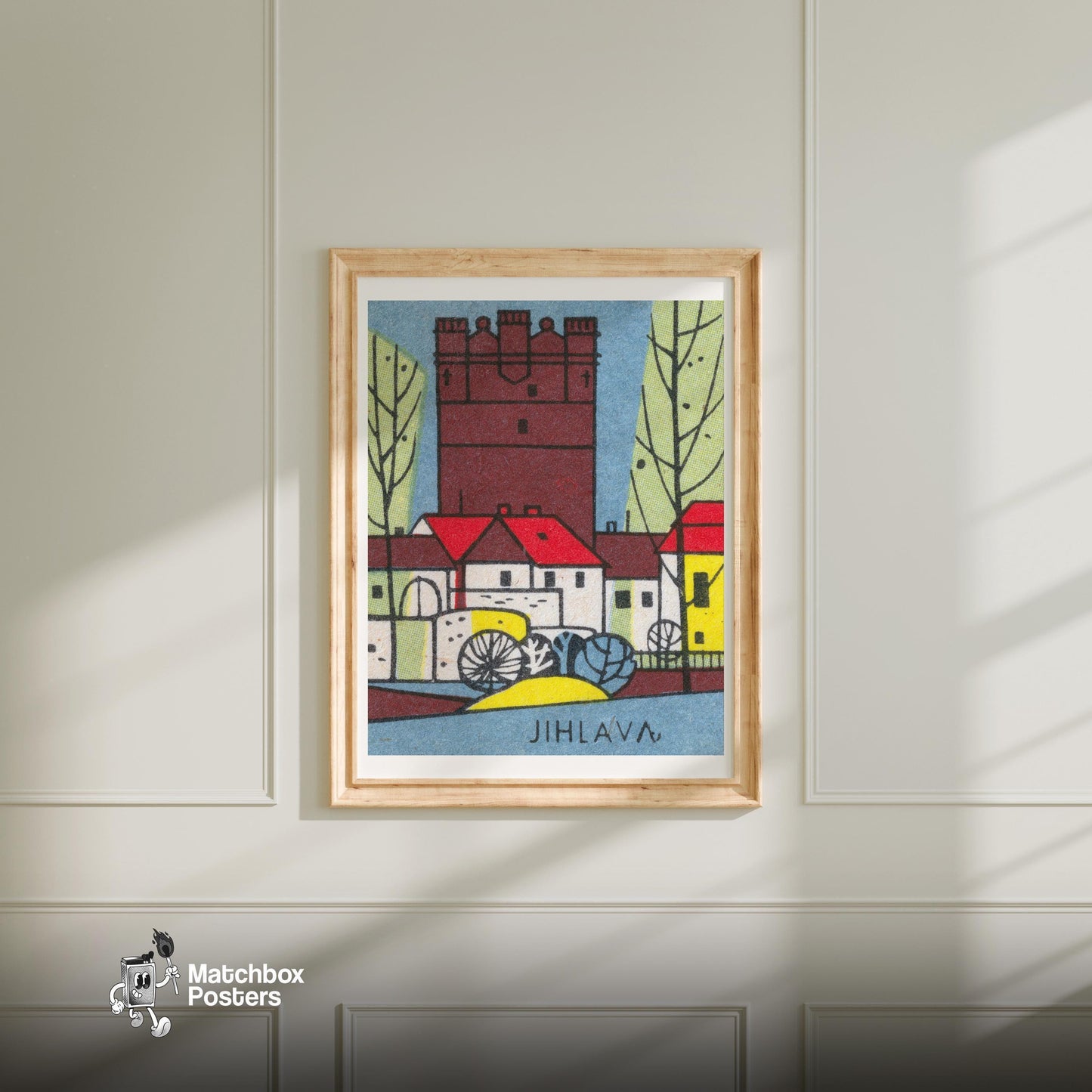 Red Castle Tower - vintage matchbox label print - bedroom mockup