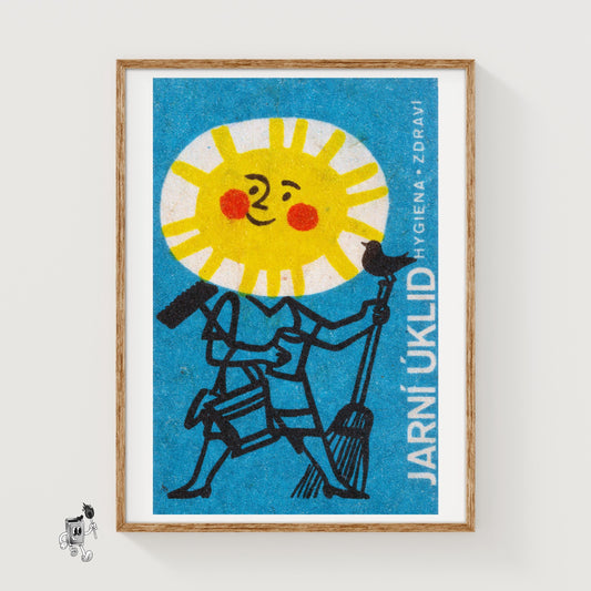 Sun Face with Broom - vintage matchbox label print