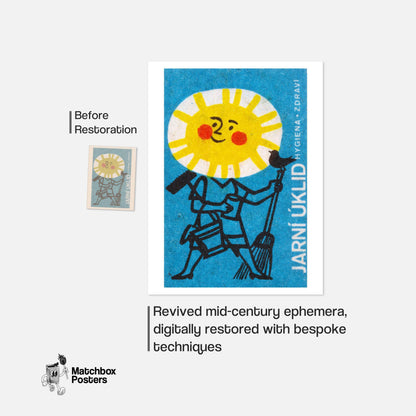 Sun Face with Broom - vintage matchbox label print - framed wall art preview