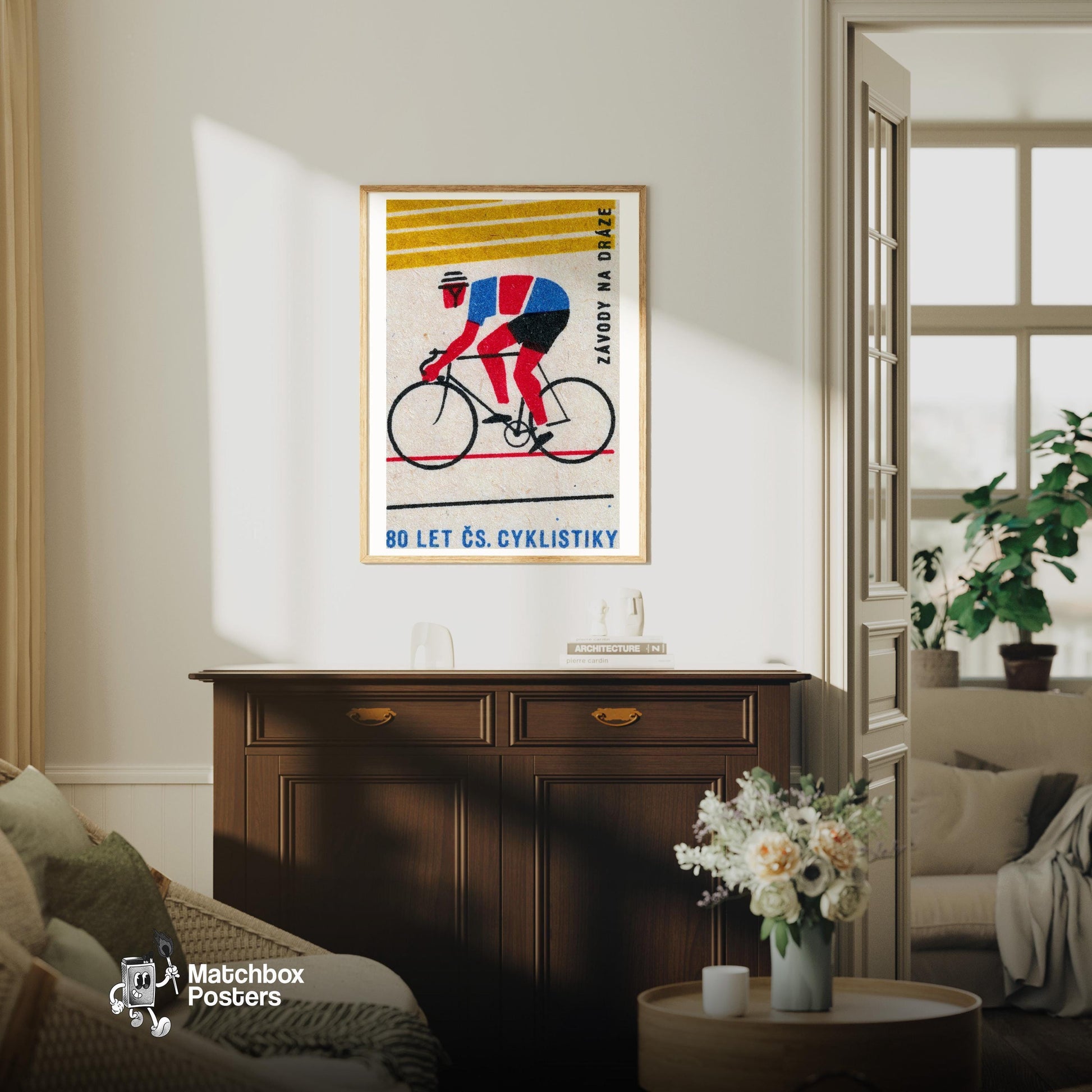 Cyclist - vintage matchbox label print - living room mockup