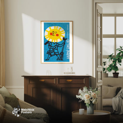 Sun Face with Broom - vintage matchbox label print - living room mockup