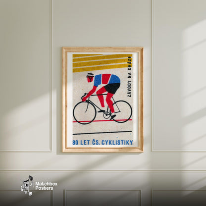 Cyclist - vintage matchbox label print - bedroom mockup
