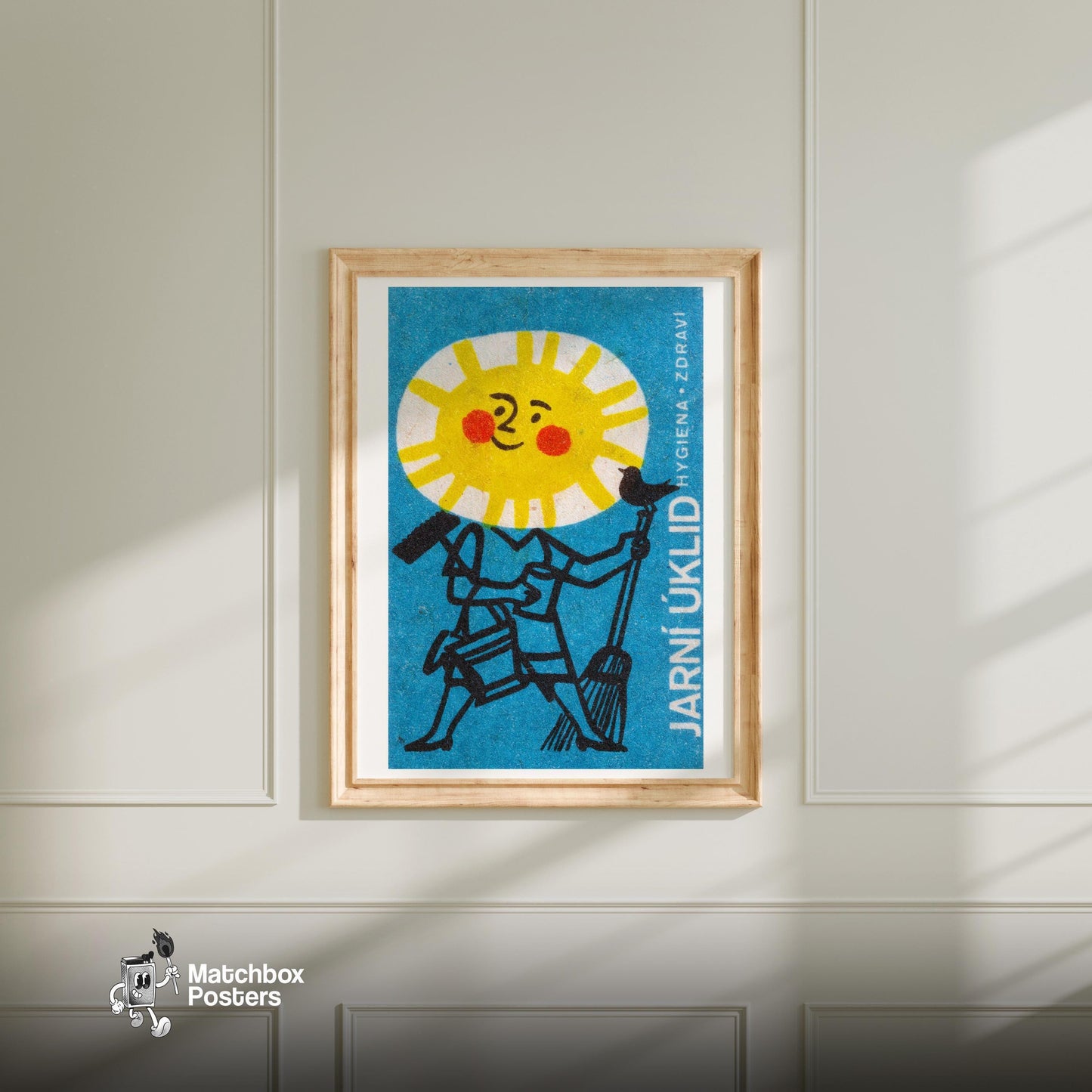 Sun Face with Broom - vintage matchbox label print - bedroom mockup