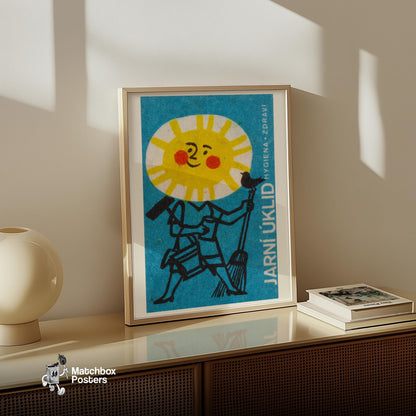 Sun Face with Broom - vintage matchbox label print - size comparison