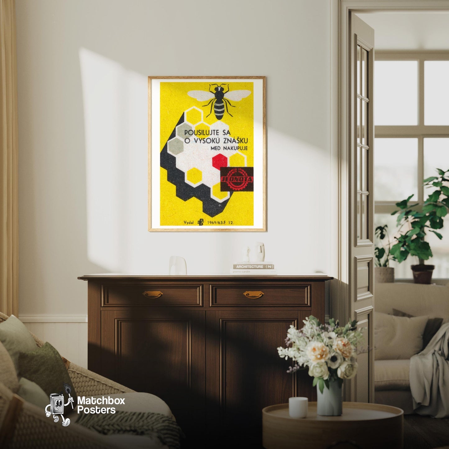 Bee and Honeycomb - vintage matchbox label print - living room mockup