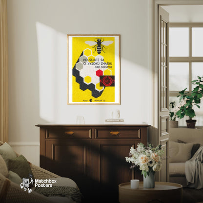 Bee and Honeycomb - vintage matchbox label print - living room mockup