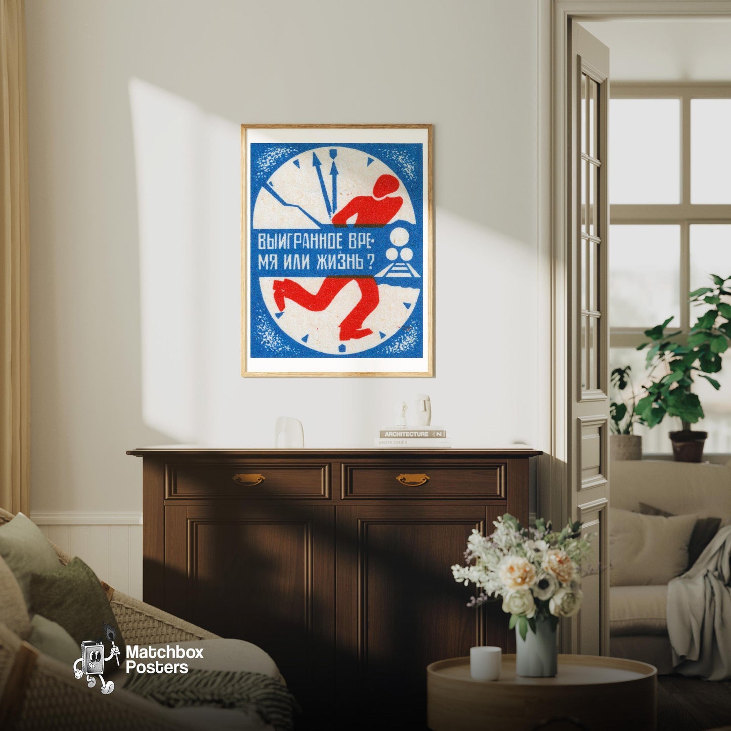 Running Figure - vintage matchbox label print - living room mockup