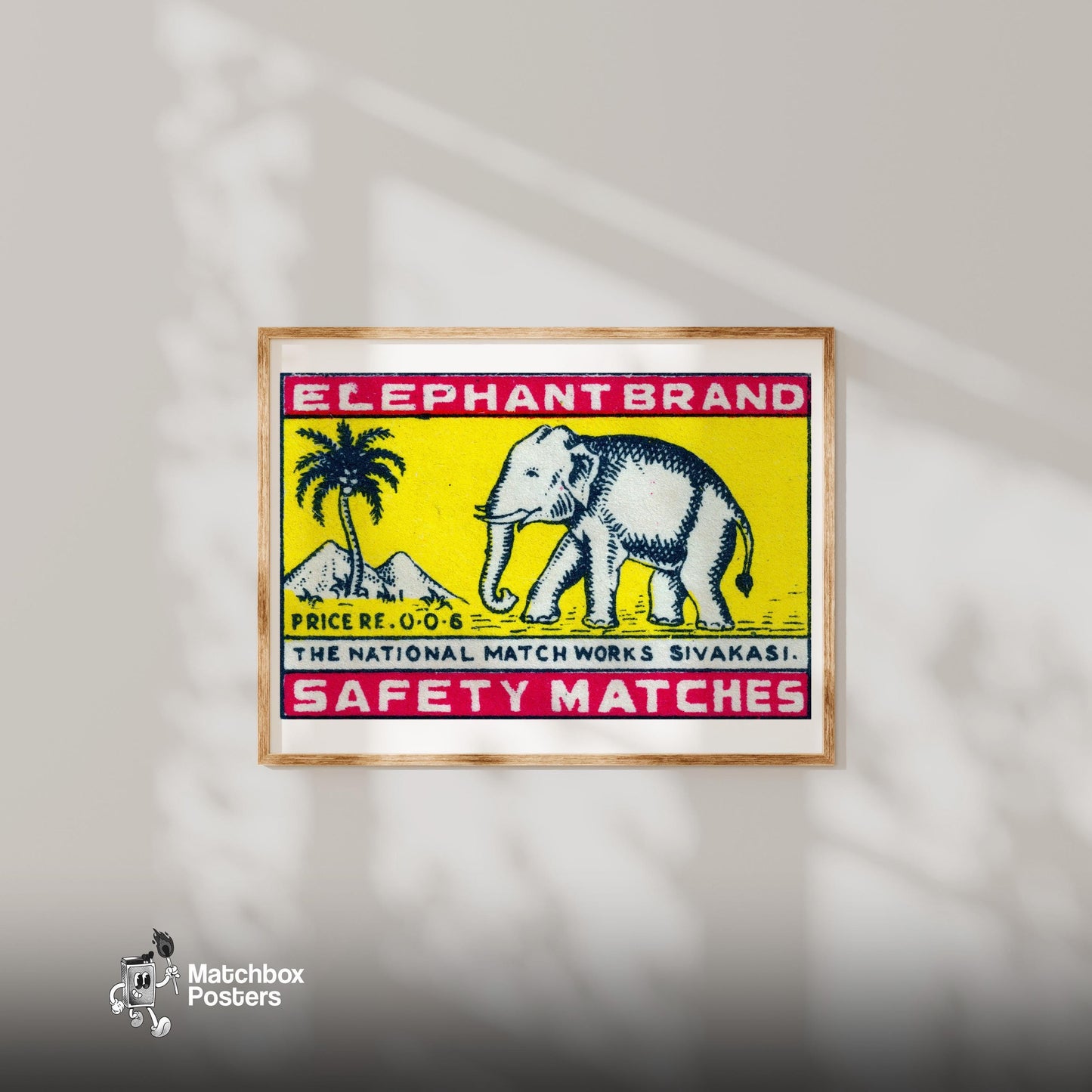 Elephant Brand - vintage matchbox label print - bedroom mockup