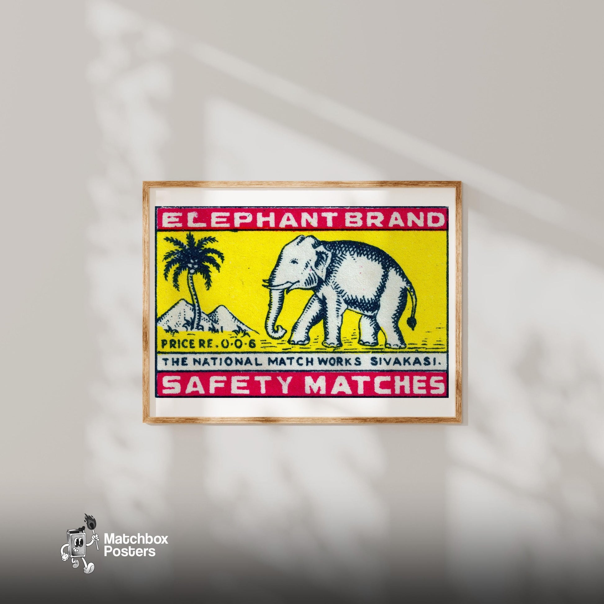 Elephant Brand - vintage matchbox label print - bedroom mockup