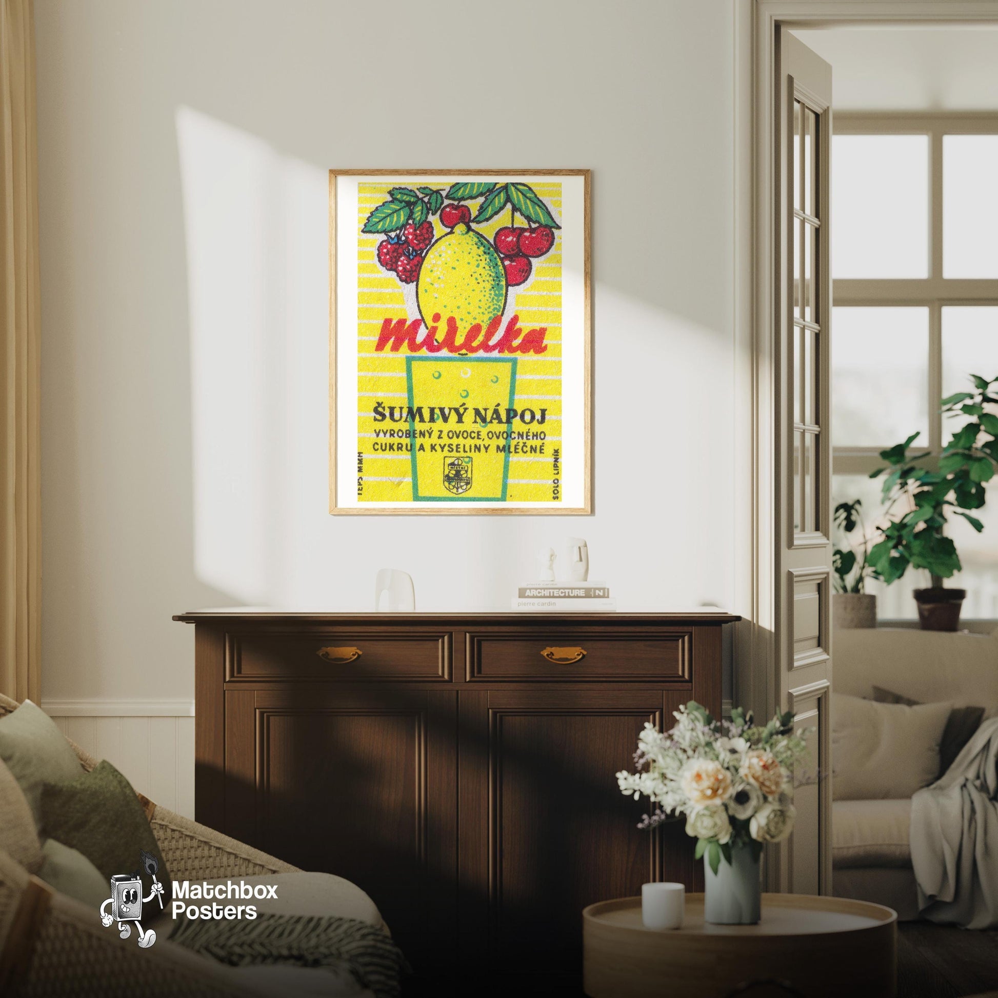 Lemon, Raspberry, Cherry - vintage matchbox label print - living room mockup