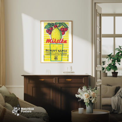 Lemon, Raspberry, Cherry - vintage matchbox label print - living room mockup