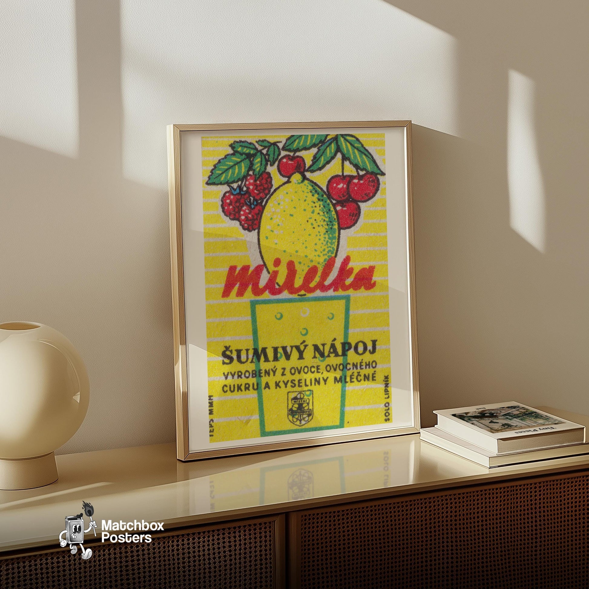 Lemon, Raspberry, Cherry - vintage matchbox label print - size comparison