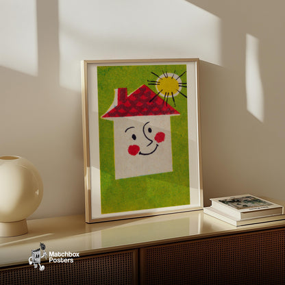 Smiling House - vintage matchbox label print - size comparison