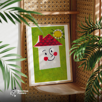 Smiling House - vintage matchbox label print - office wall