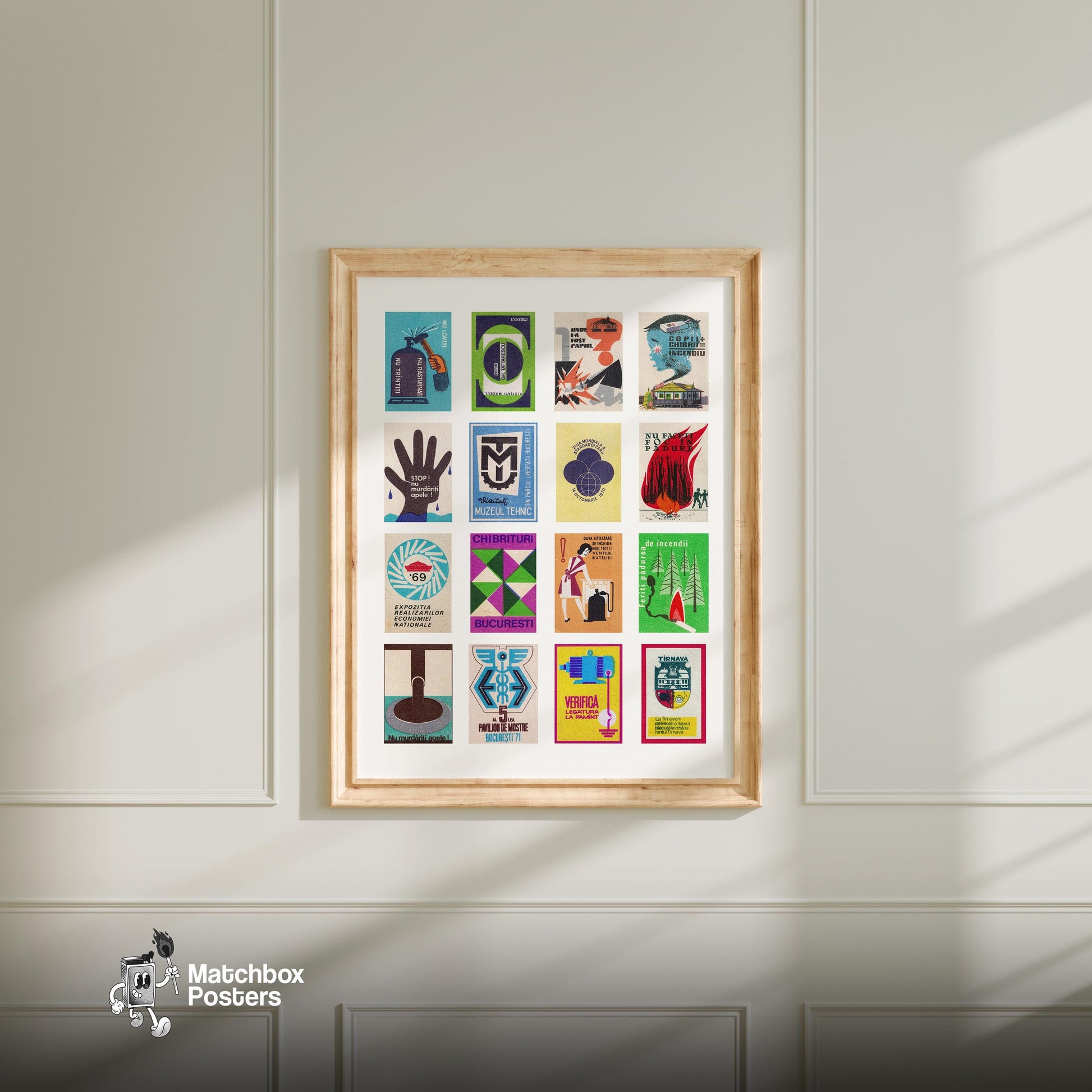 Romanians Grid Print - vintage matchbox label print - living room mockup