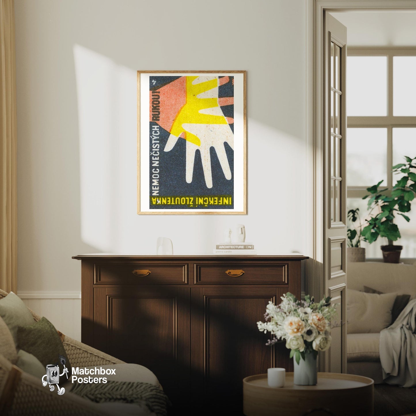 Overlapping Hands - vintage matchbox label print - living room mockup
