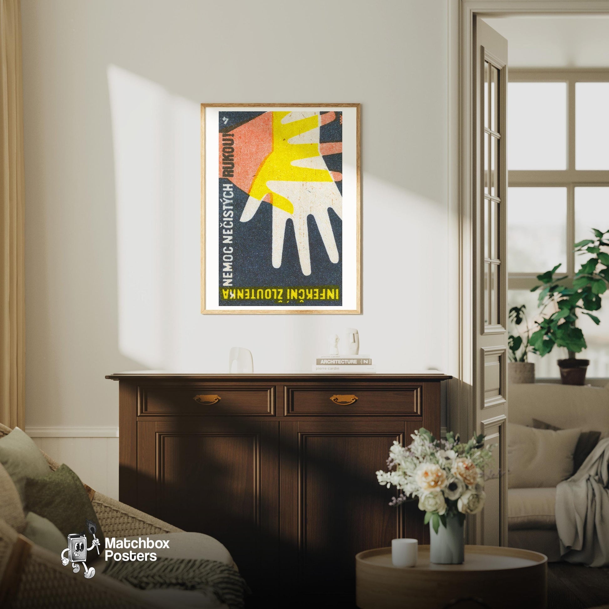 Overlapping Hands - vintage matchbox label print - living room mockup