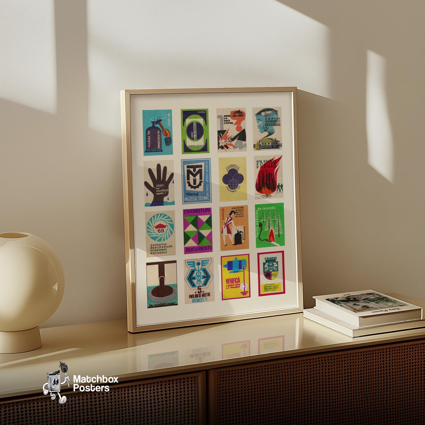 Romanians Grid Print - vintage matchbox label print - bedroom mockup