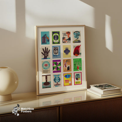 Romanians Grid Print - vintage matchbox label print - bedroom mockup