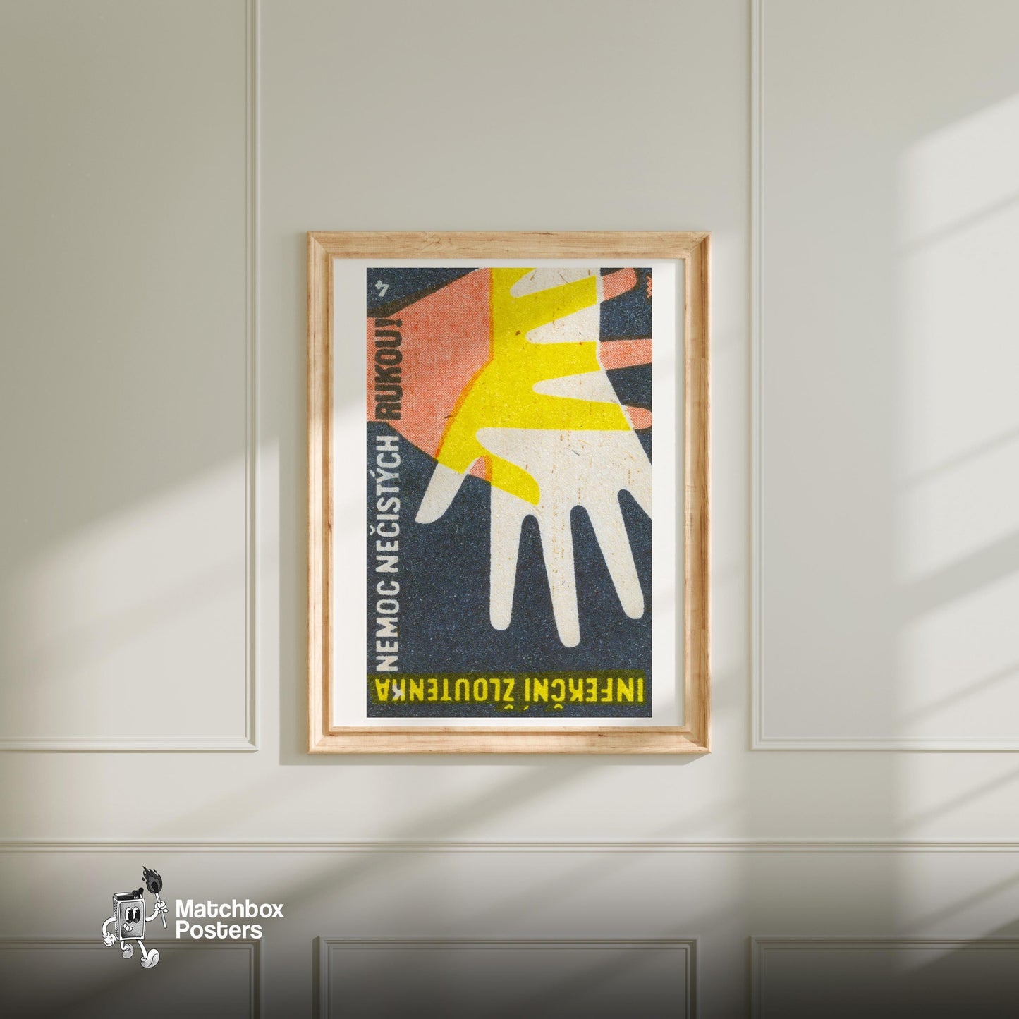 Overlapping Hands - vintage matchbox label print - bedroom mockup