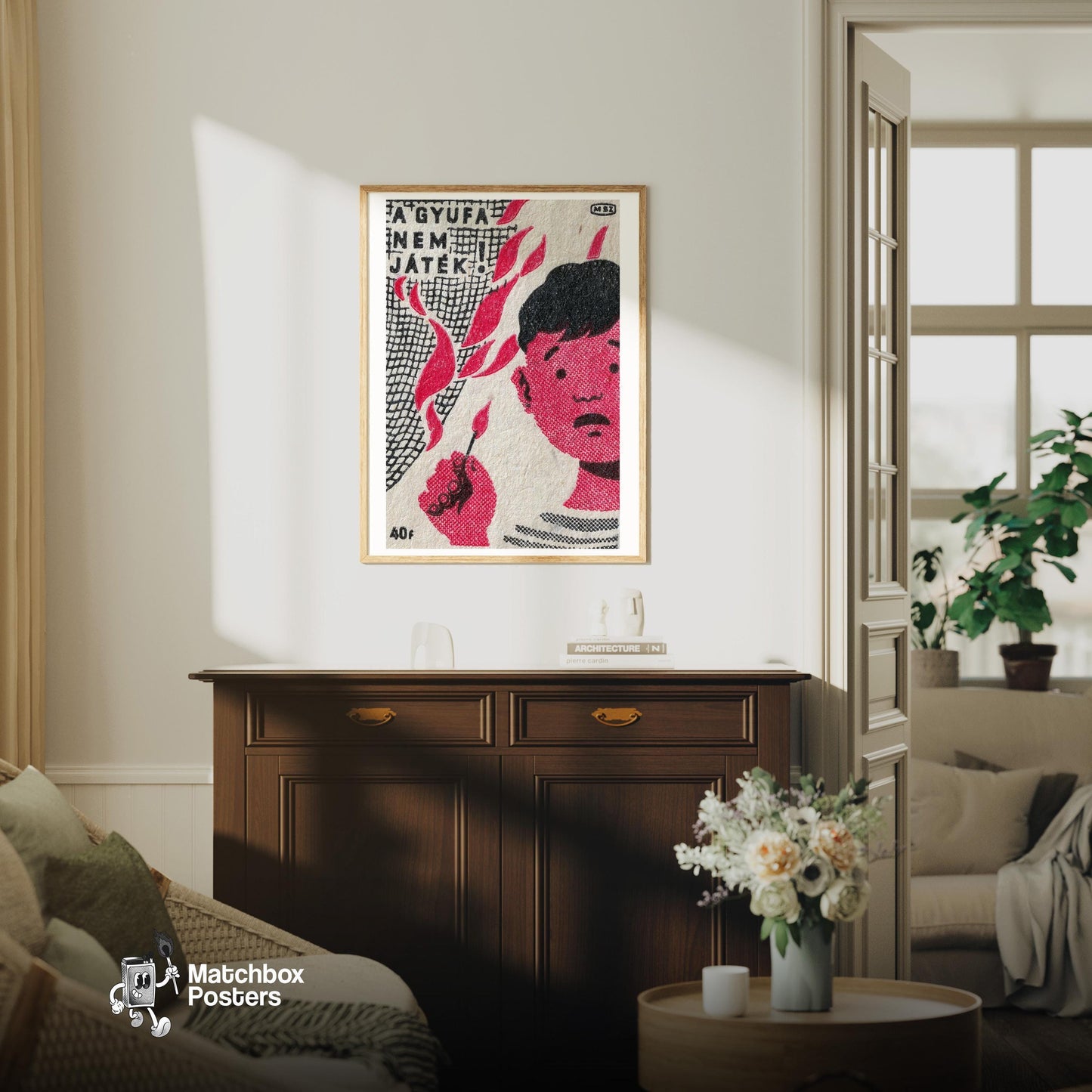 Child with Lit Match - vintage matchbox label print - living room mockup