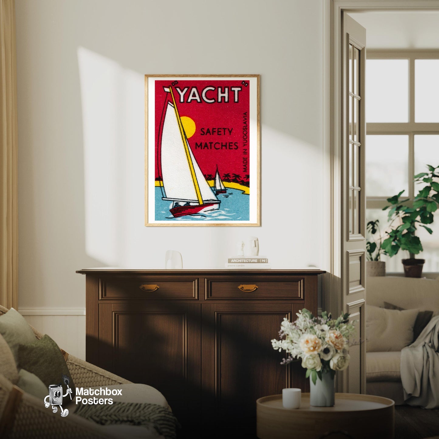 Sailing Yacht - vintage matchbox label print - living room mockup