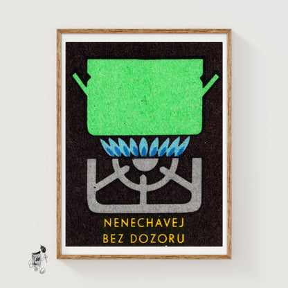 Green Pot on Gas Stove - vintage matchbox label print
