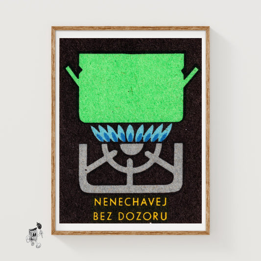 Green Pot on Gas Stove - vintage matchbox label print