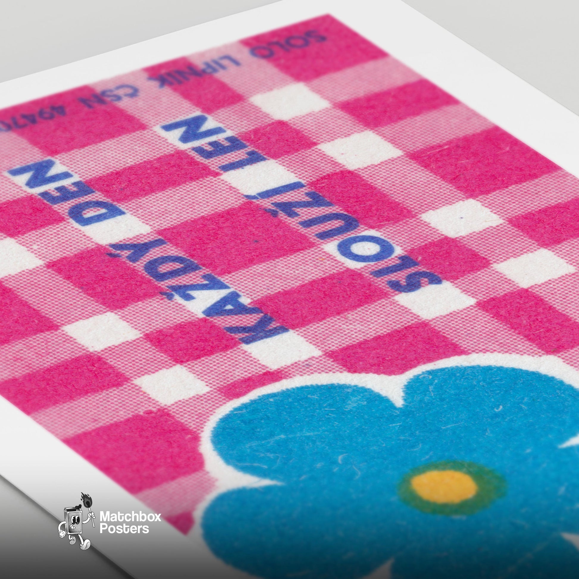 Blue Flower Table Cloth - vintage matchbox label print - close-up detail