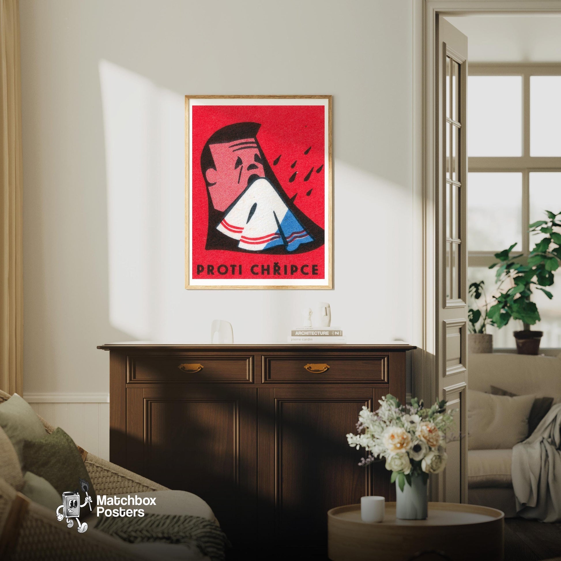 Protect Against Flu - vintage matchbox label print - living room mockup