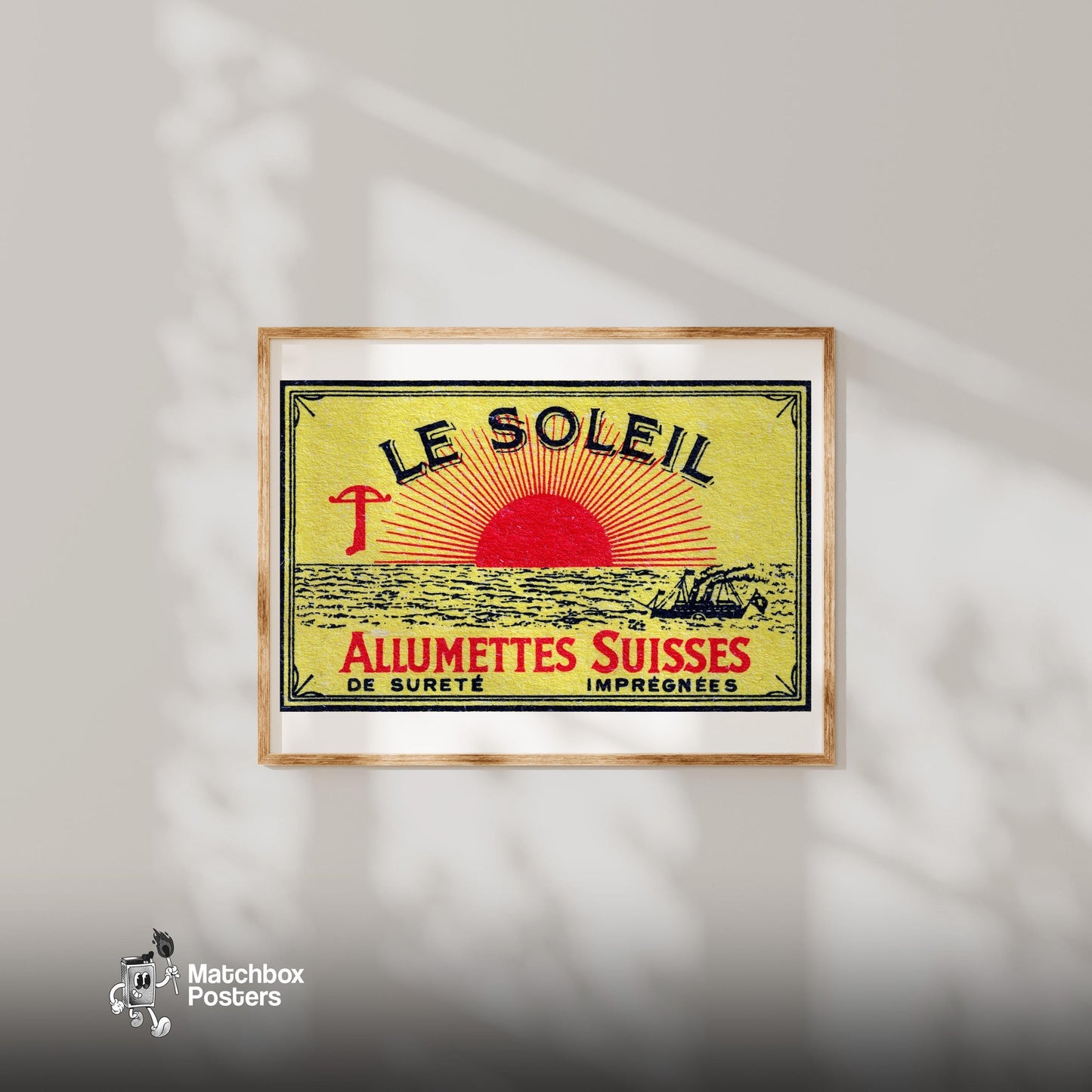 Sunrise - vintage matchbox label print - bedroom mockup