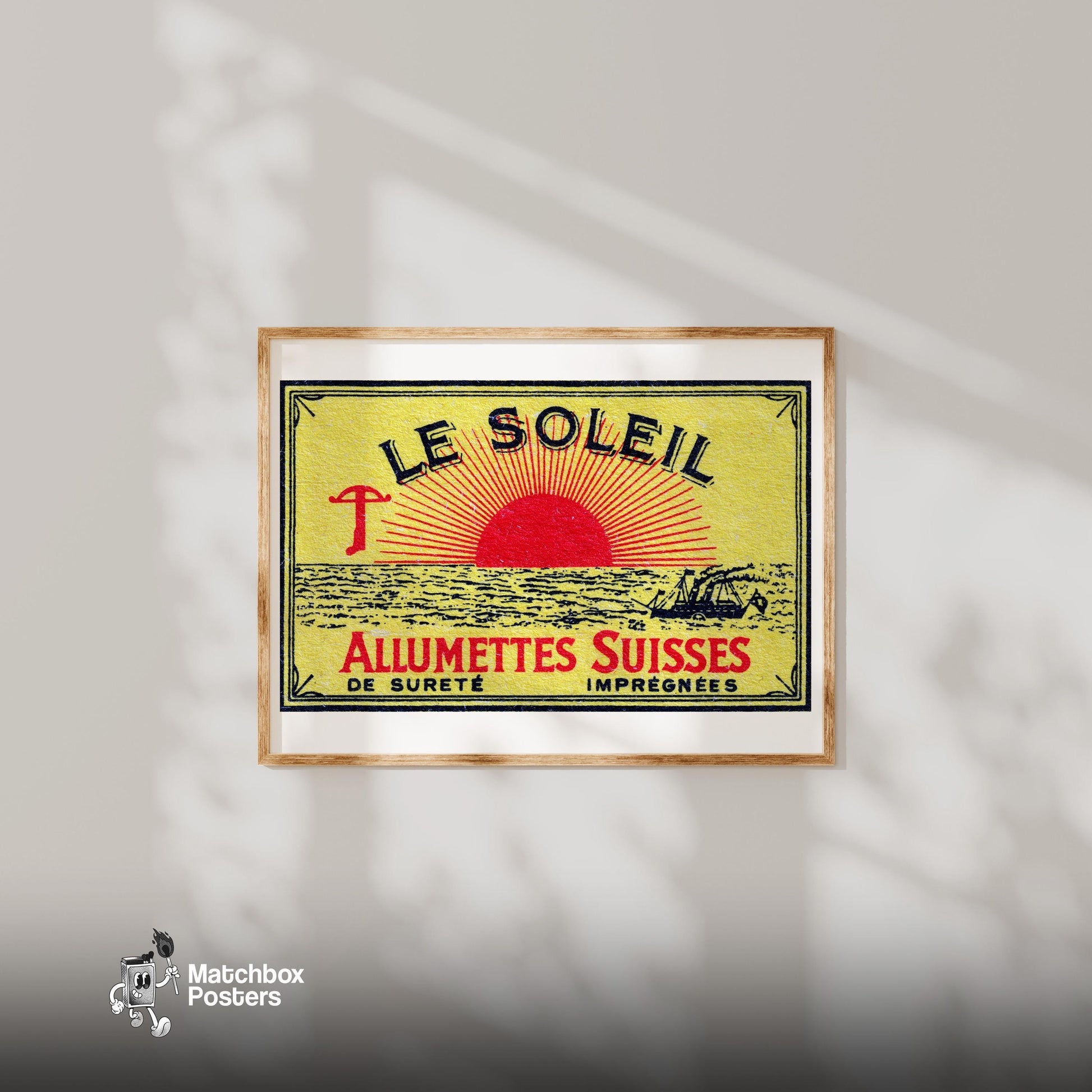 Sunrise - vintage matchbox label print - bedroom mockup