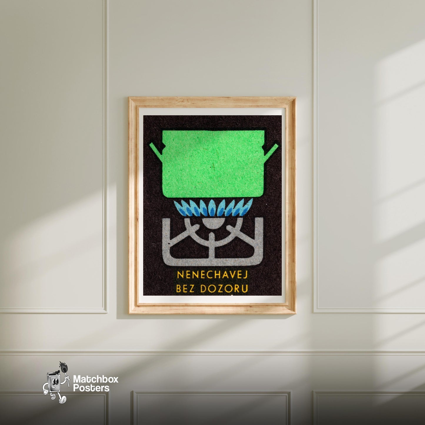 Green Pot on Gas Stove - vintage matchbox label print - bedroom mockup