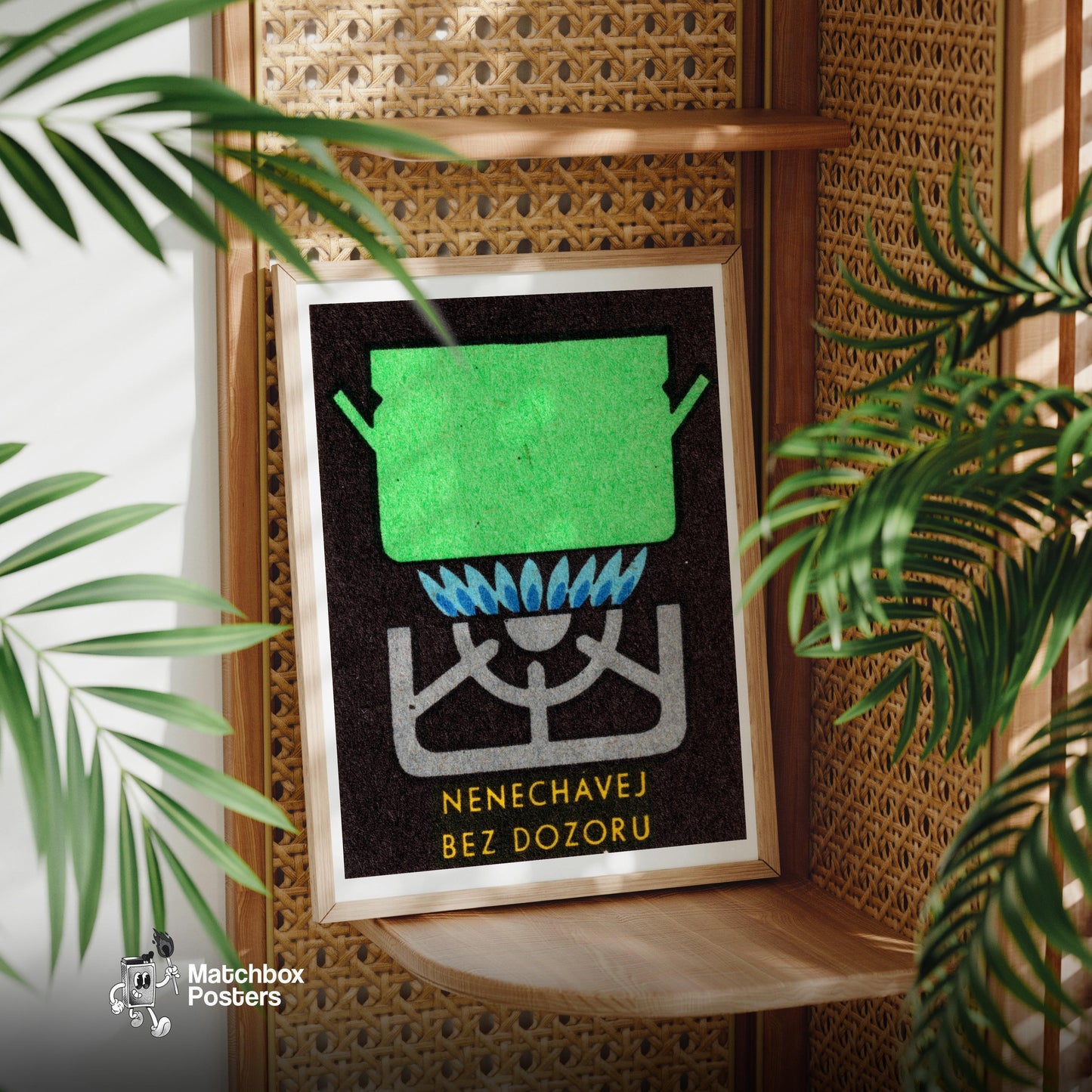 Green Pot on Gas Stove - vintage matchbox label print - office wall