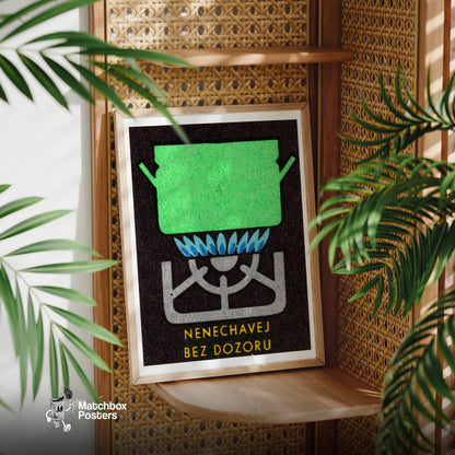 Green Pot on Gas Stove - vintage matchbox label print - office wall