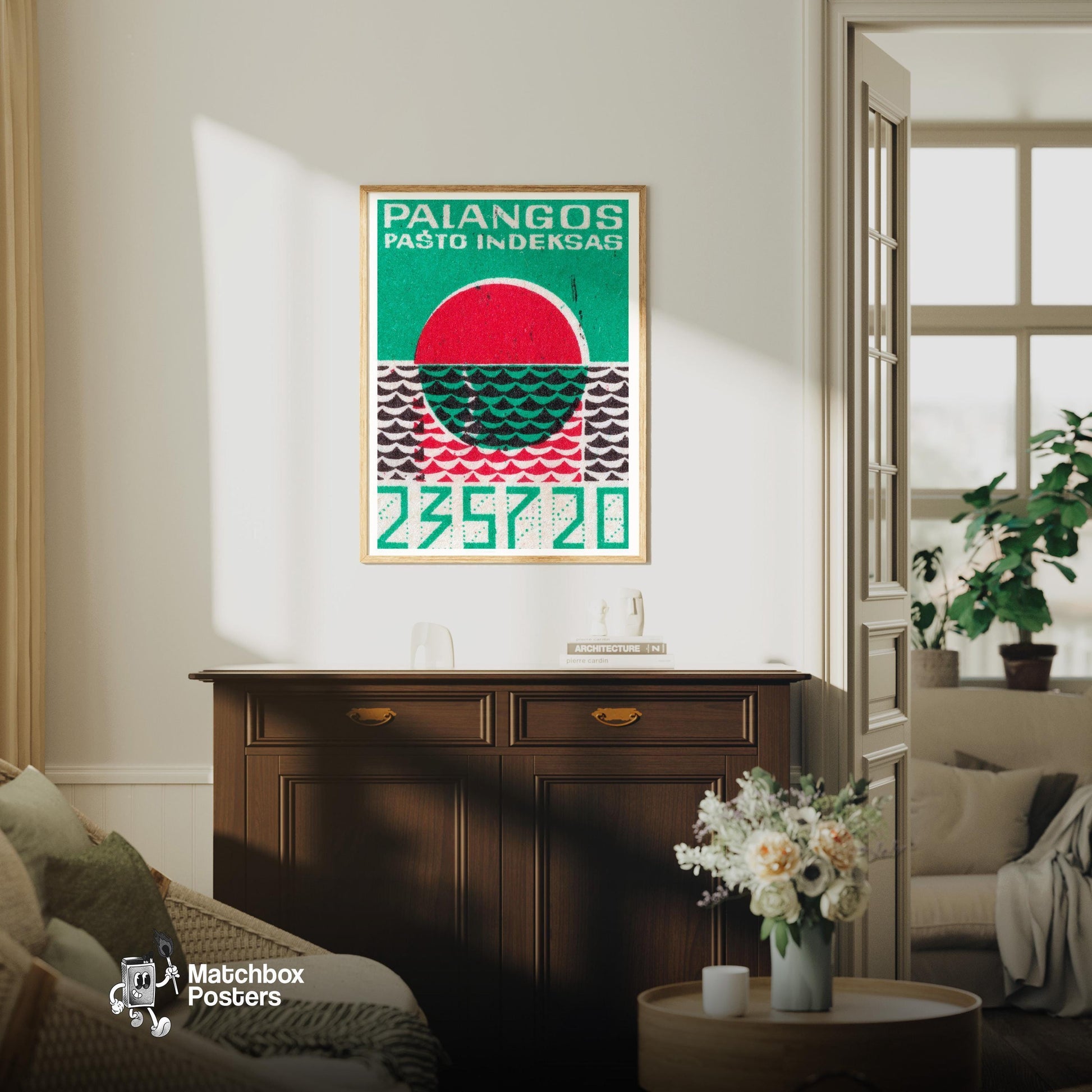 Red Sunset - vintage matchbox label print - living room mockup