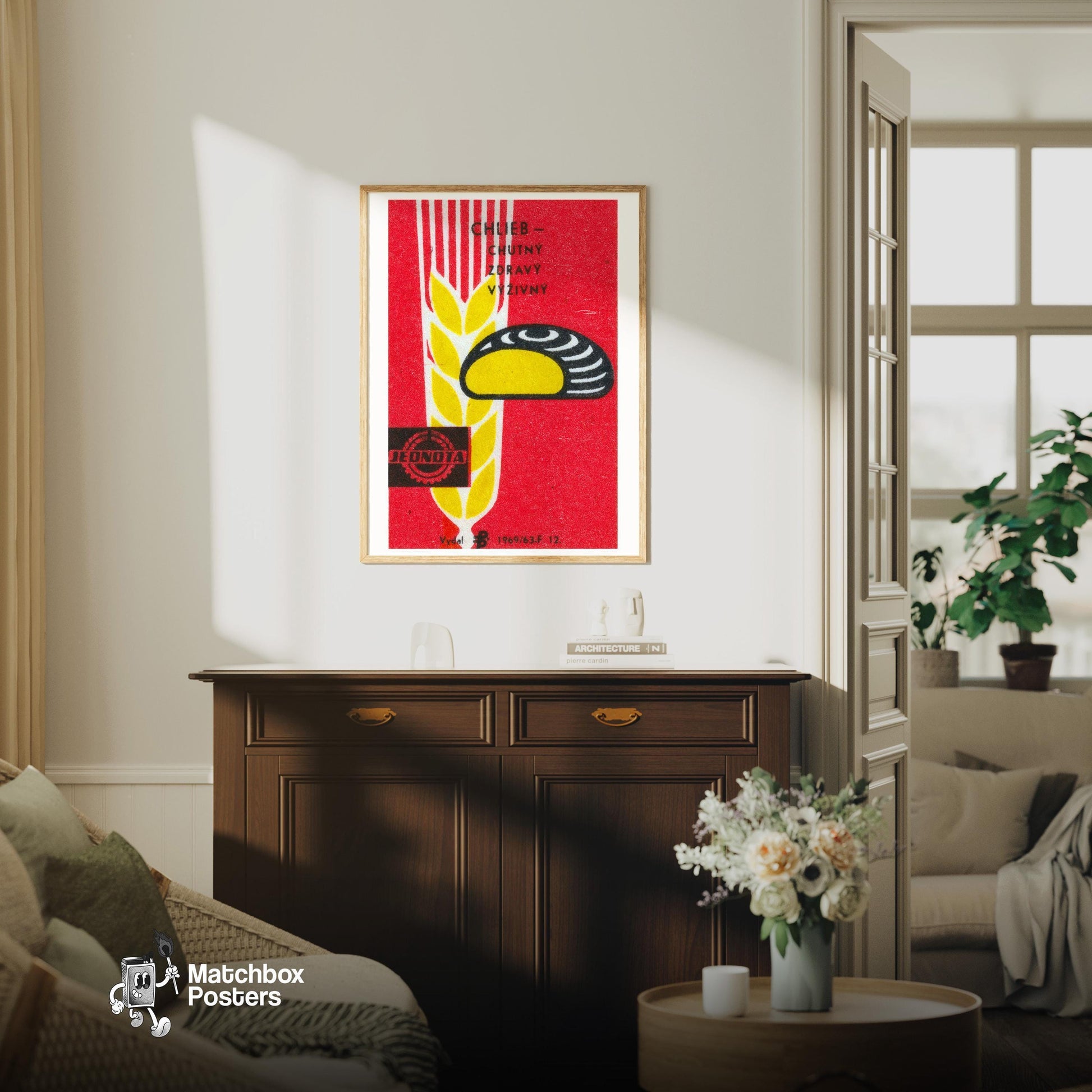 Bread and Wheat - vintage matchbox label print - living room mockup