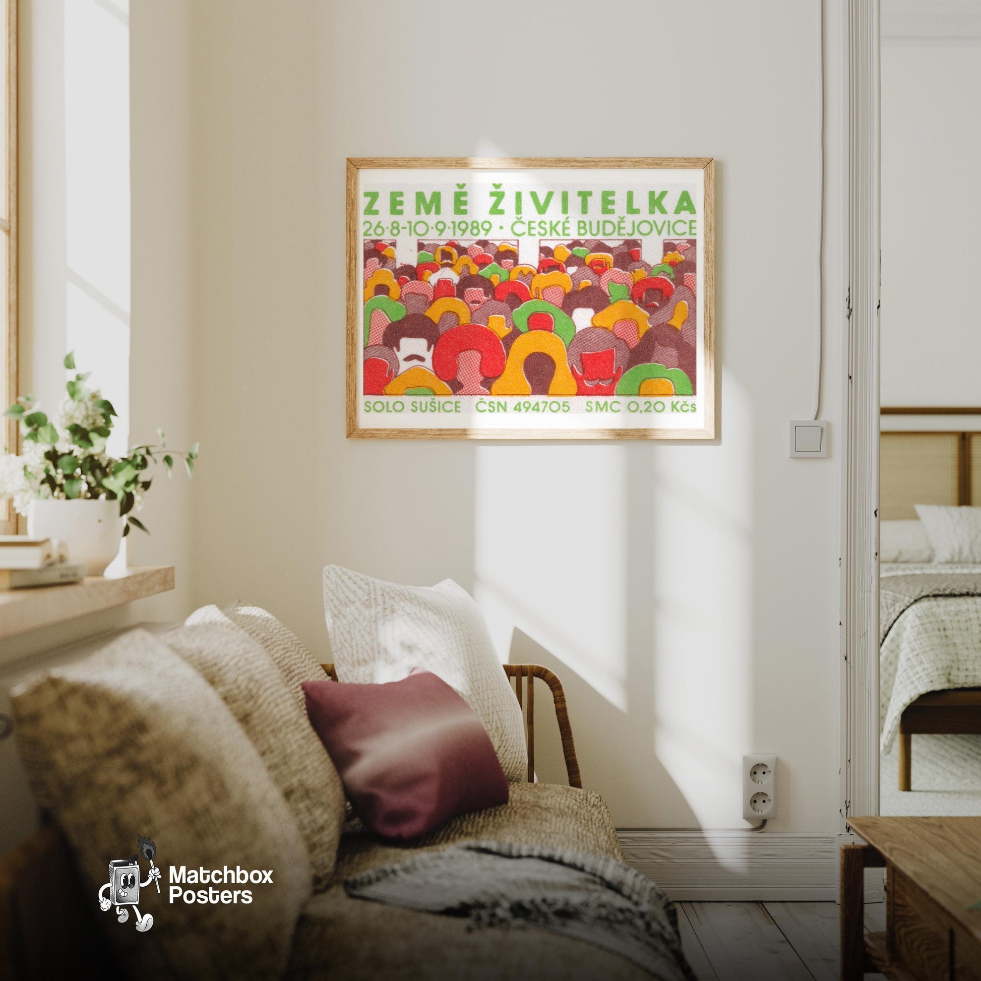 Human Crowd - vintage matchbox label print - living room mockup