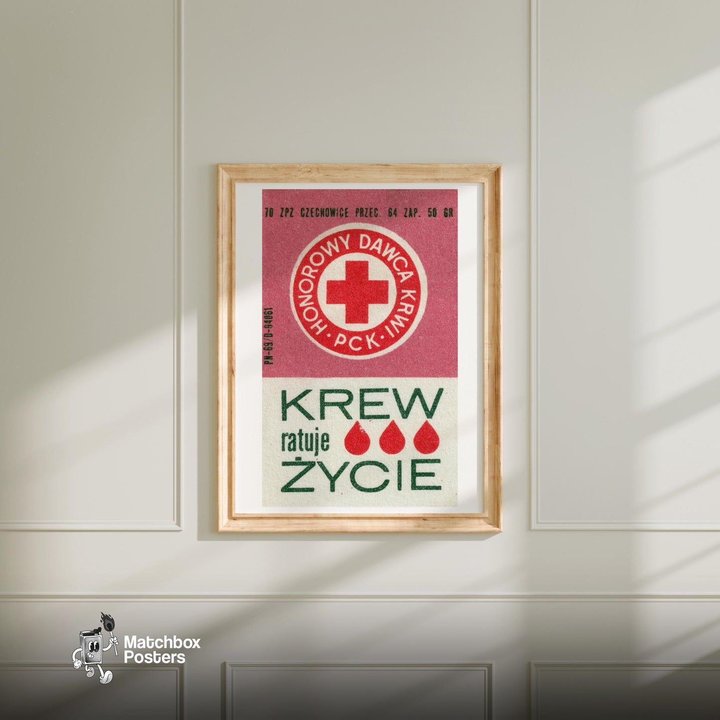 Blood Donation - vintage matchbox label print - bedroom mockup