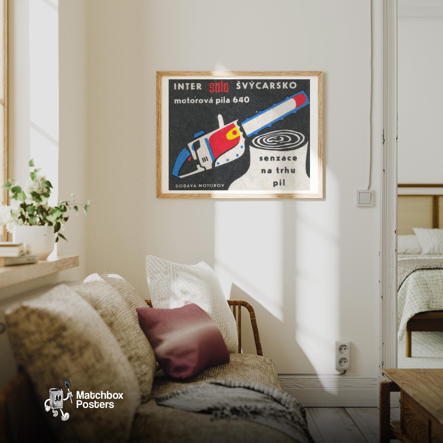 Blue Chainsaw - vintage matchbox label print - living room mockup